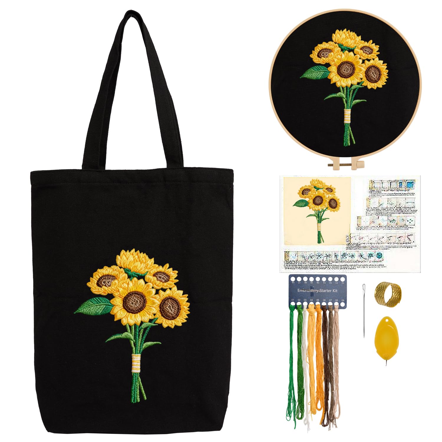 CREAWONDER Hand Embroidery Kits for Bag, Embroidery Kit Bag with Pattern for Beginners, Arts and DIY Embroidery Crafts Kits for Adults, Include Instructions, Embroidery Hoops, Color Threads and Tool