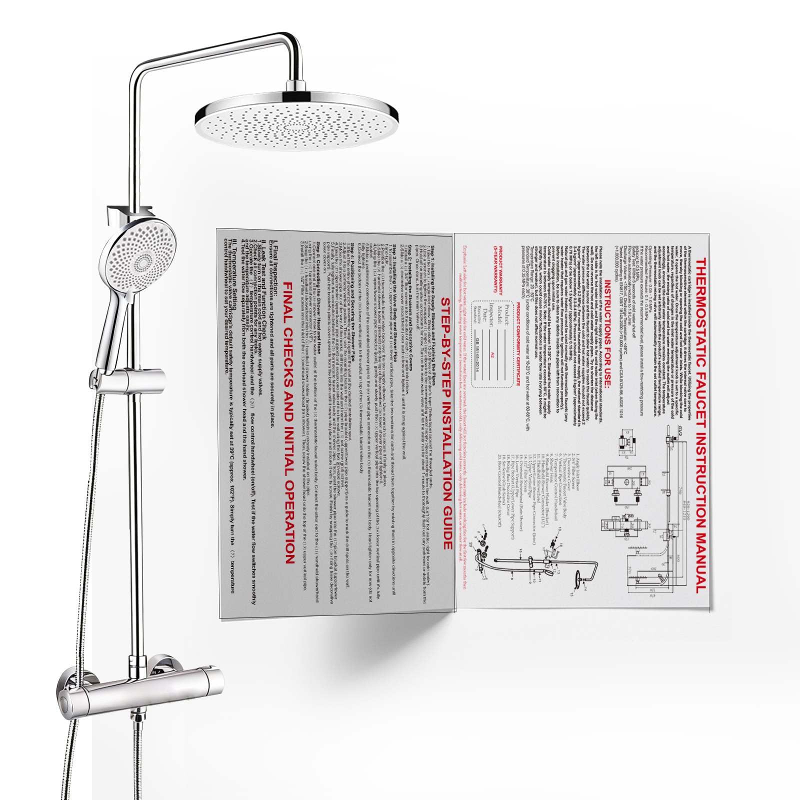 JUSTER Sistema de Ducha Termostático, Cromo, Juego Completo de Accesorios de Ducha con Cabezal de Ducha Redondo Tipo Lluvia, con Barra de Ducha Ajustable