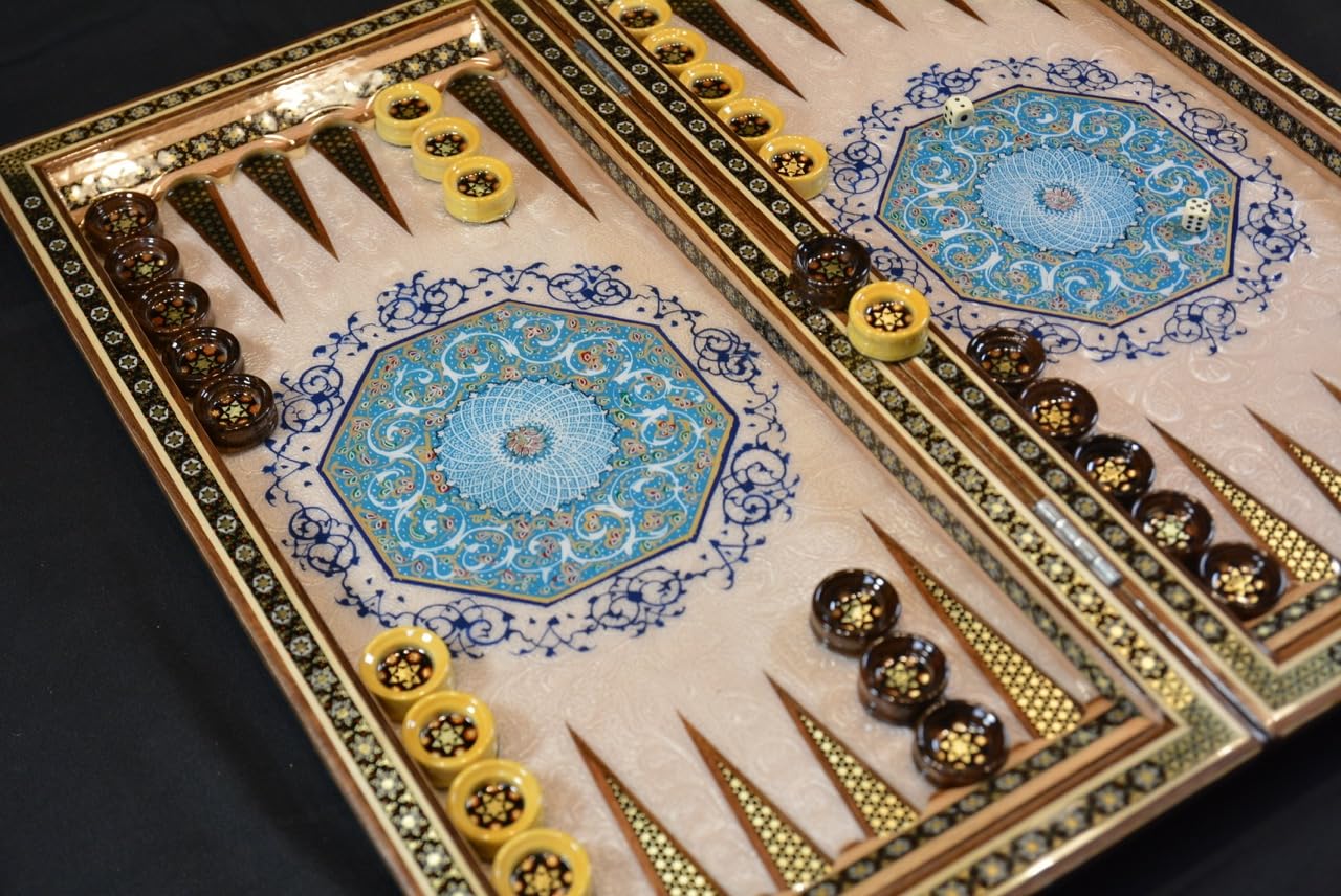 Collection d'échecs de backgammon - Fabriqué à la main en bois avec motif marqueterie et peint à la main avec motif floral - Avec mallette de protection, dés et pions - 50 x 50 x 3,5 cm (motif floral