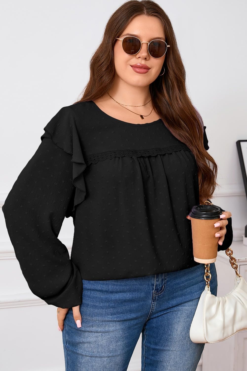 AlvaQ Women Plus Size Tops Crewneck Ruffle Long Sleeve Shirts Casual Lace Swiss Dot Chiffon Blouses L-4X - Image 3