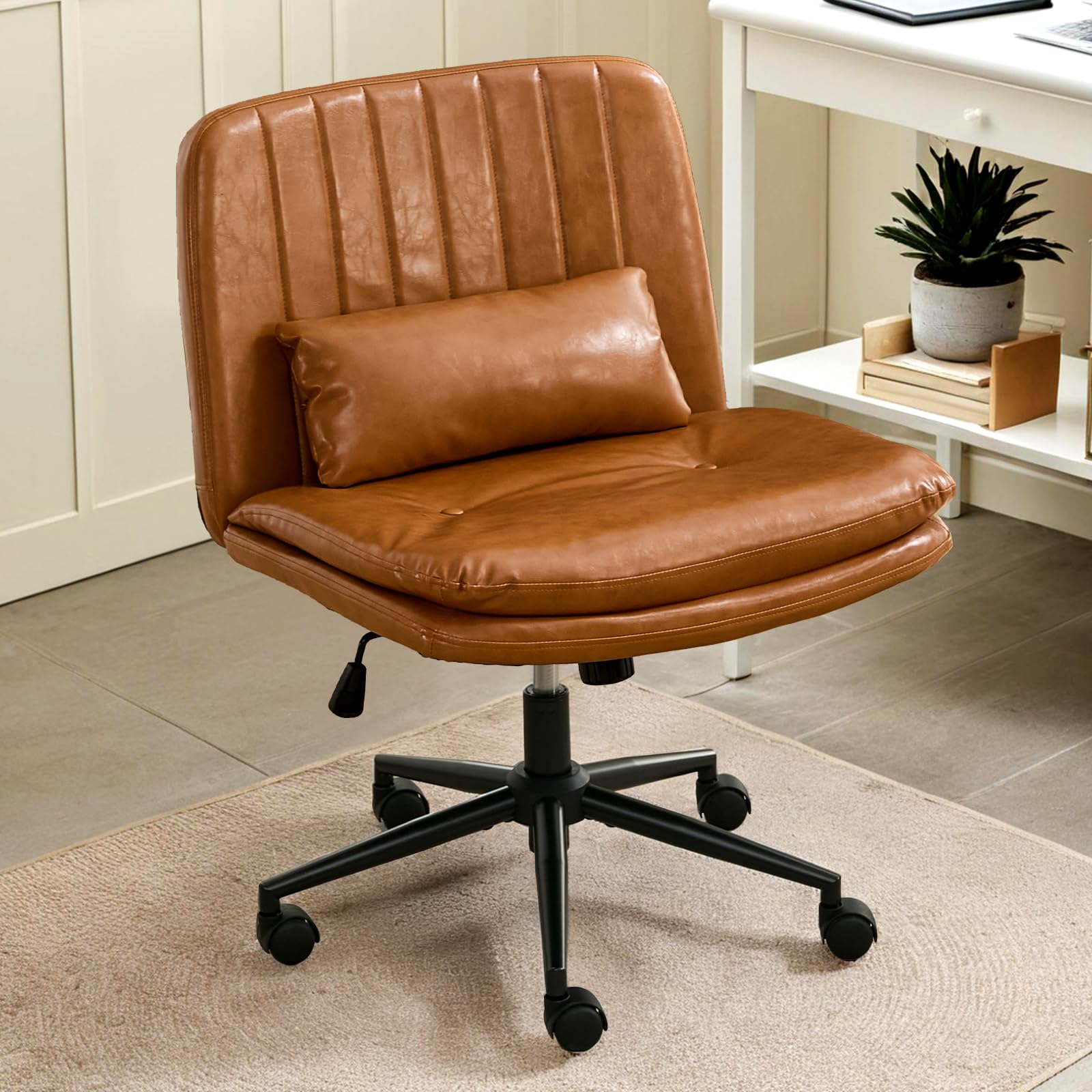 SENIFIS Criss Cross Chair with Wheels, PU Leather Armless Cross Legged Office Desk Chair, Adjustable Swivel Computer Task Vanity Chair with Lumbar