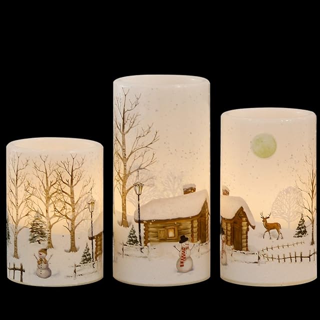 Eldnacele Christmas Flameless Candles Flickering with 6H Timer, 3 Pack Snow Scene Snowman Decal Real Wax Candles Lights LED Flames for Christmas Home Decoration Powered by 2 AA Batteries