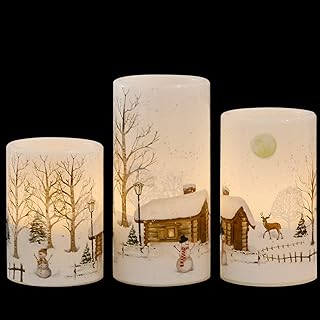 GenSwin Christmas Snowman Flameless Candles Flickering Battery Operated with Timer, Real Wax Led Pillar Candles Warm Light, Christmas Snowman Deer Home Decor Gift(Pack of 3)