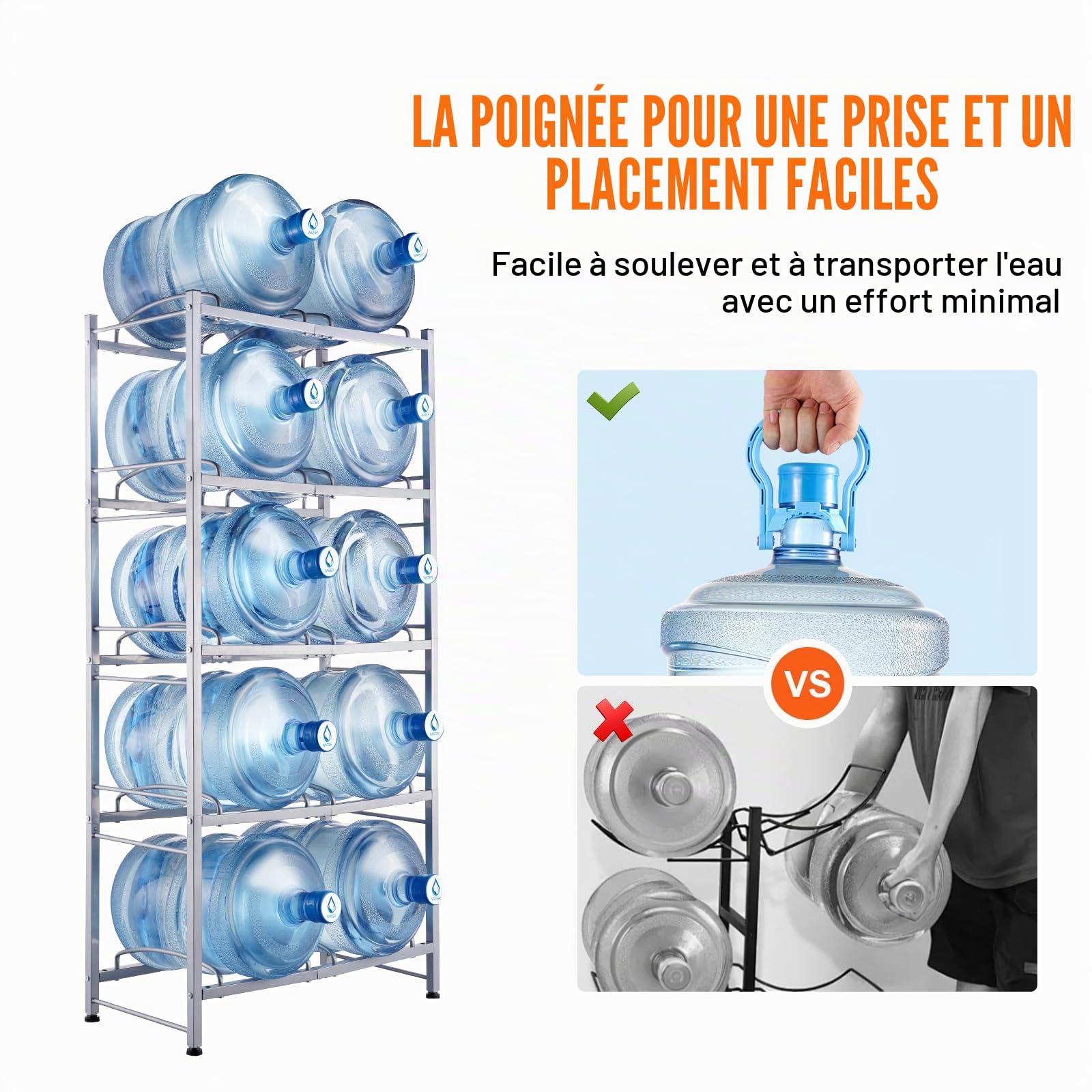 VEVOR Rack à Bonbonnes à 5 Niveaux et 2 Rangées, Support Bouteille d’Eau de 18,9 L, Capacité 10 Pièces, Range Bonbonnes d’Eau Solide, Rangement pour Garde-Manger, Cuisine, Bureau, Salon, Usine
