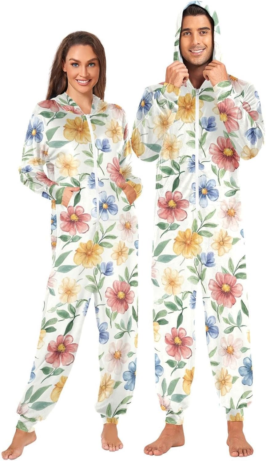 ZZKKO Watercolor Flowers Adult Onesie Pajamas for Women Men Cozy One Piece Pajamas Costume Zip-Up Hooded S-XL