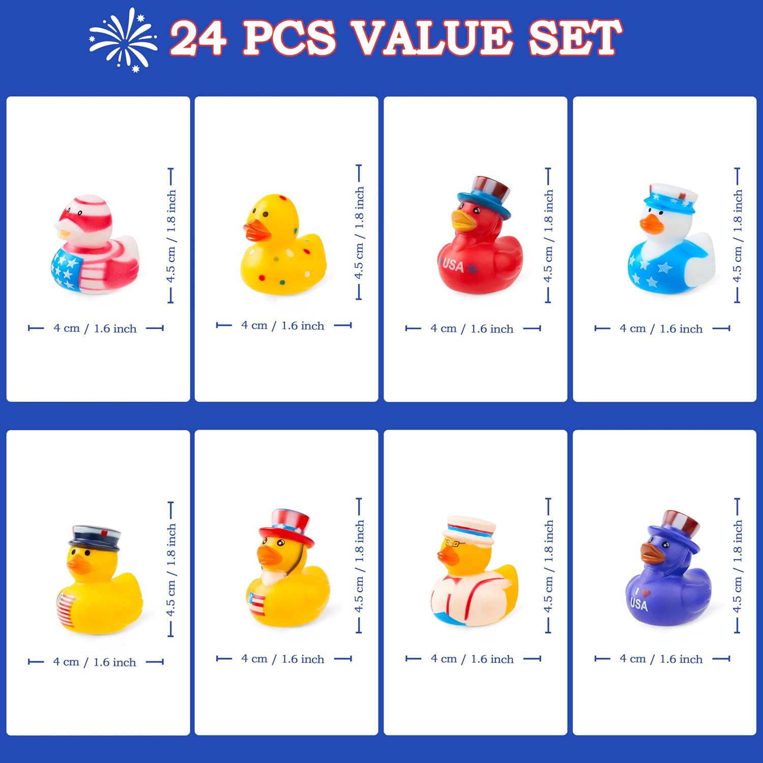 JOYIN 24 Pcs Patriotic Rubber Ducks, Red White Blue 4th of July Bulk Ducks with 8 Patriotic Designs, Independence Day Party Favor Gift Bath Toys for Kids Toddlers thumbnail
