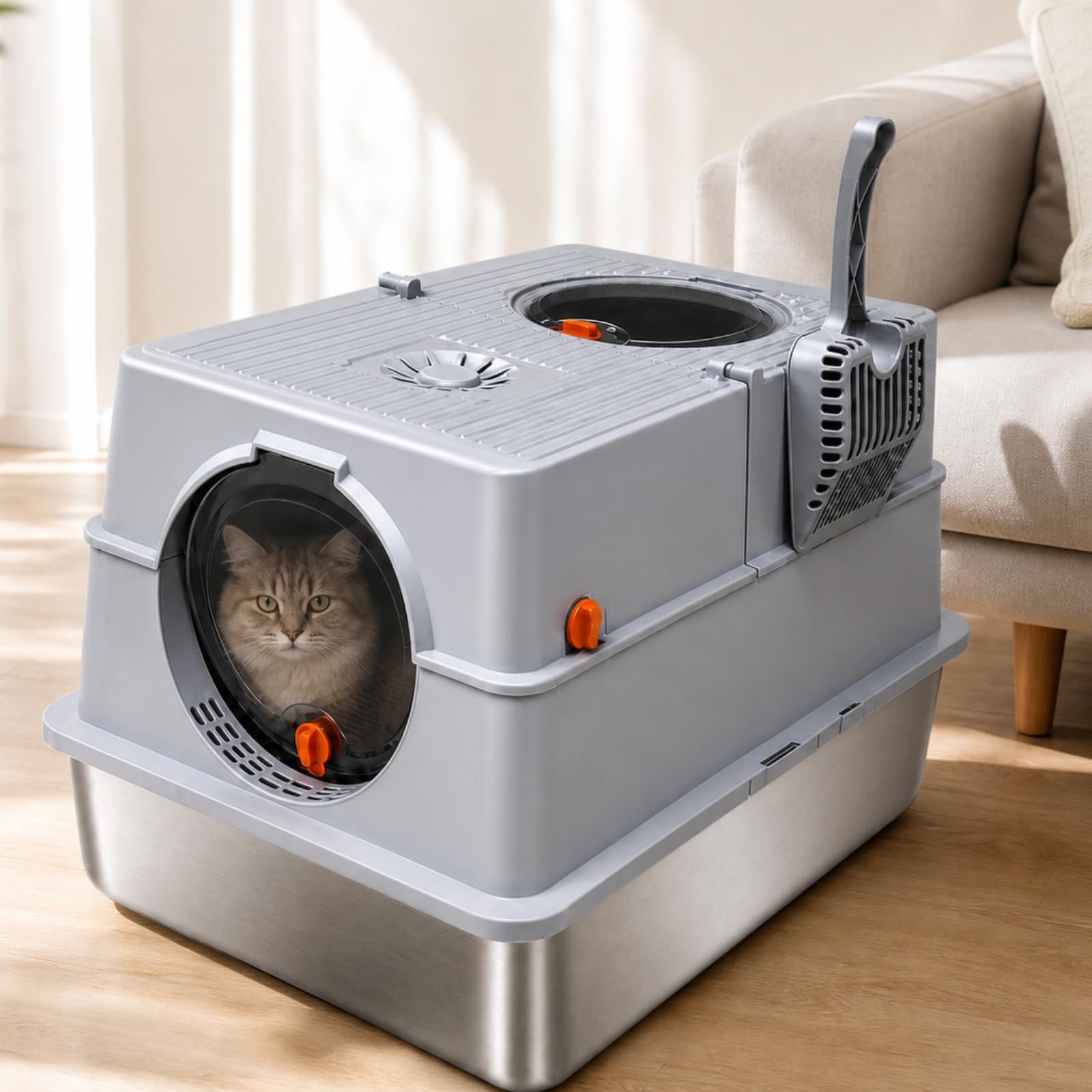 Caja de Arena para Gatos Contenedor Cerrado Arenero Bandeja en Acero Inoxidable con Dos Accesos y Superficie Estriada Reduce Rastros Incluye Removedor, Negro Grafito