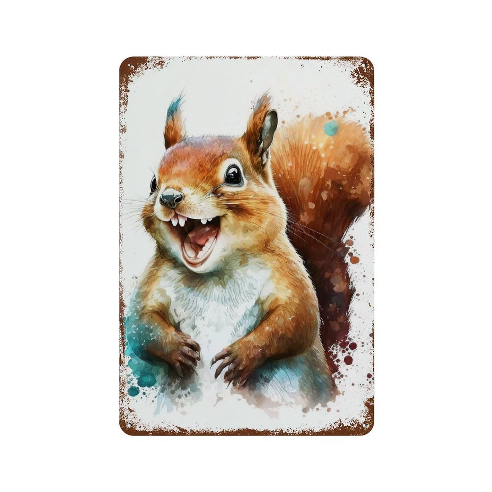 Aged Metal Wall Plaque with Squirrel Watercolor Design 11.8"x7.9", for Cafe, Home Bar And Lounge Decor, Novelty Wall Decor