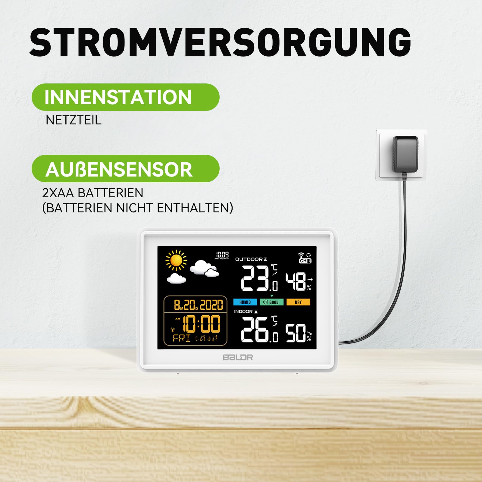 Konsen Wetterstation funk mit Außensensor DCF Funkuhr, Farbdisplay mit großen Zahlen von Innen und Außentemperatur, dauerhafte Beleuchtung, Wettervorhersage, Luftdurckanzeige