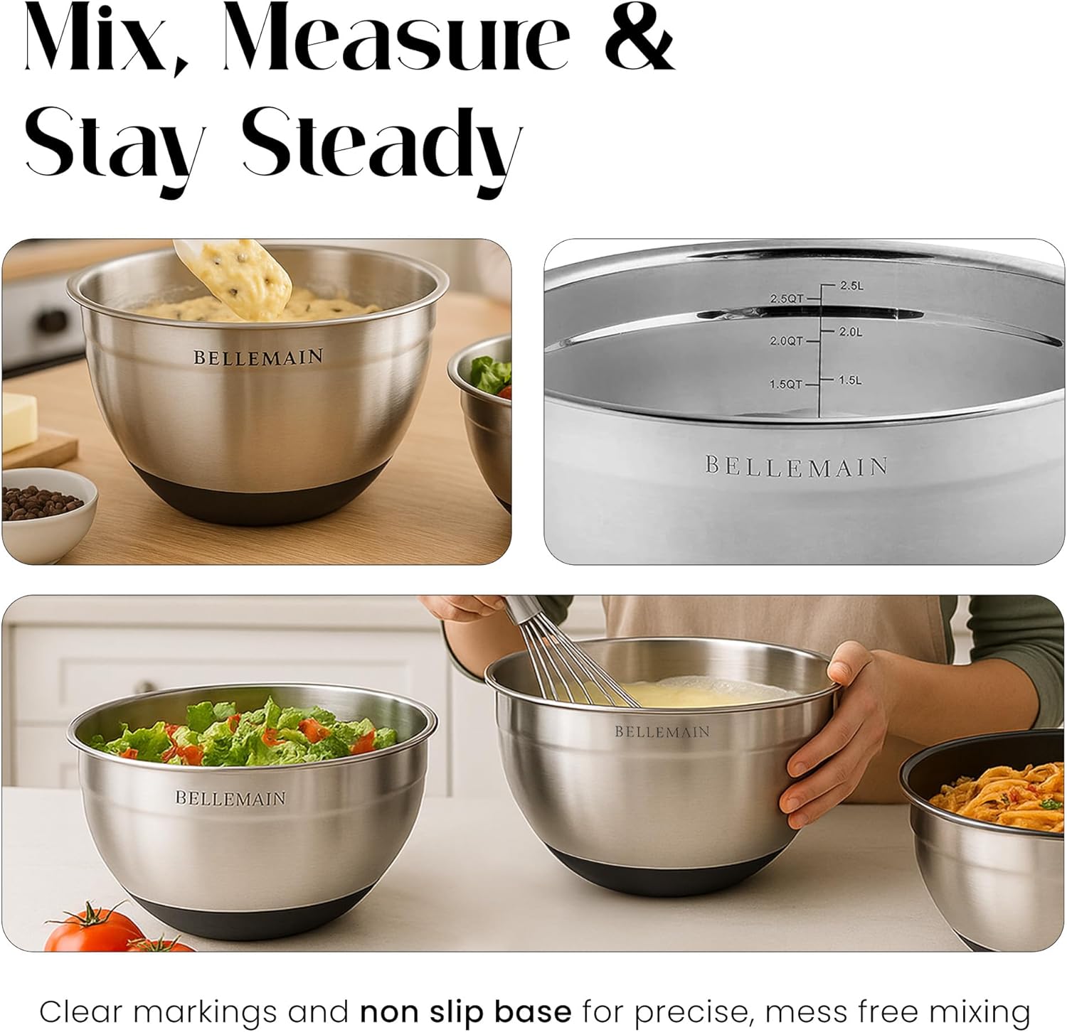 Bellemain Mixing Bowls with Lids Set - Stainless Steel Mixing Bowls with Airtight Lids - Food Storage Containers - 3PCS Set with Non-Slip Bottoms Kitchen Essentials for Baking - Serving - Image 7