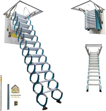 Attic Ceiling Ladder, 12 Steps Folding Loft Stairs, Retractable Pull Down Ceiling Stairs, Extendable Loft Ladder, Carbon Steel Material, 9.84 ft Height, 31.5 x 35.4in Open Size, Blue