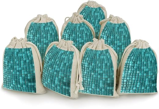 Eekstdbn 8 Pack Cotton Drawstring Bags Reusable Turquoise Small Dot Tiles Gift Bags Jewelry Pouch Muslin Bags Small Bunches Pocket Christmas Gifts Candy Bags
