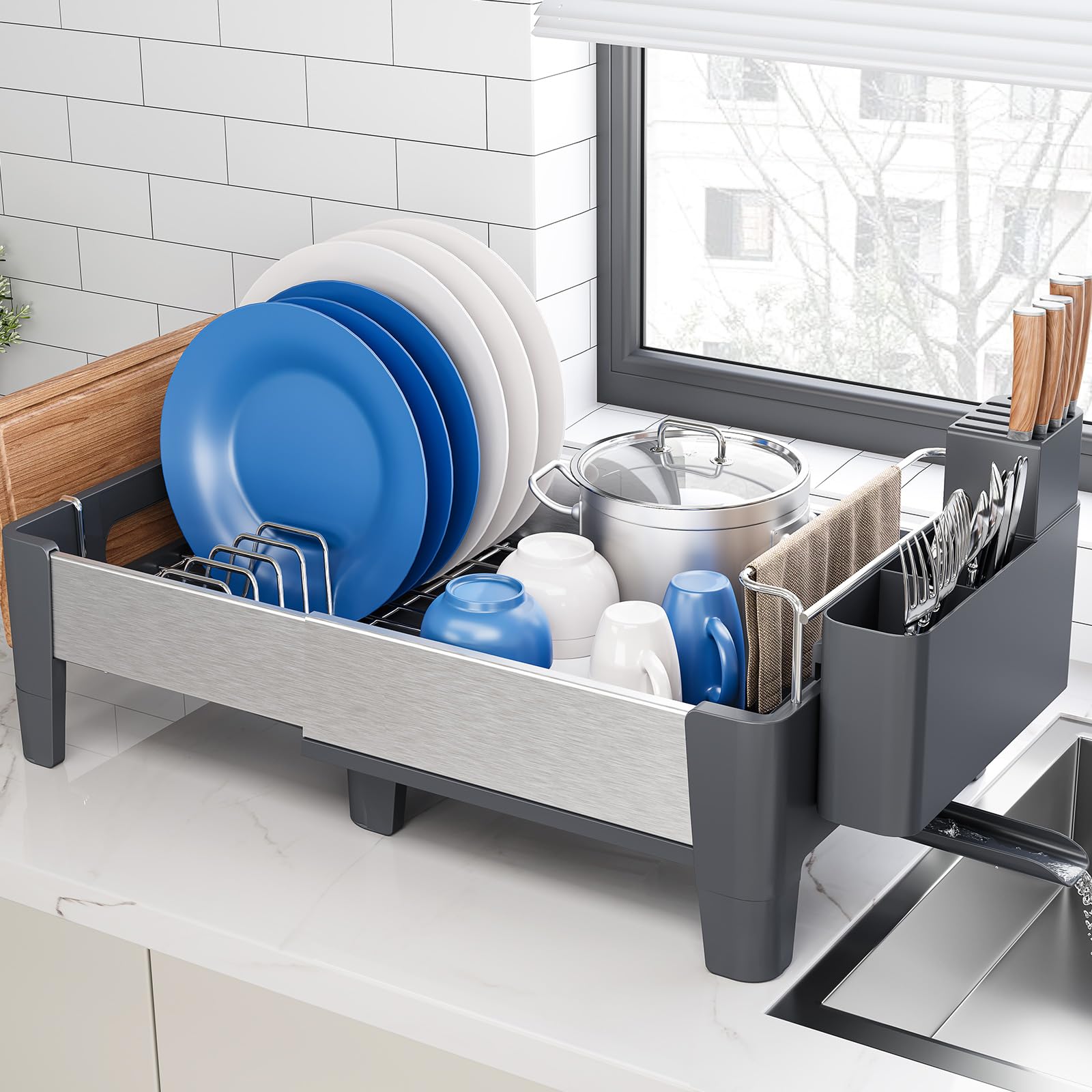 Urackify Dish Drainer Rack for Kitchen Counter, Expandable(12.7"-19.7") Aluminum Dish Rack, Stainless Steel Dish Drainer with Movable Utensil Holder, Grey