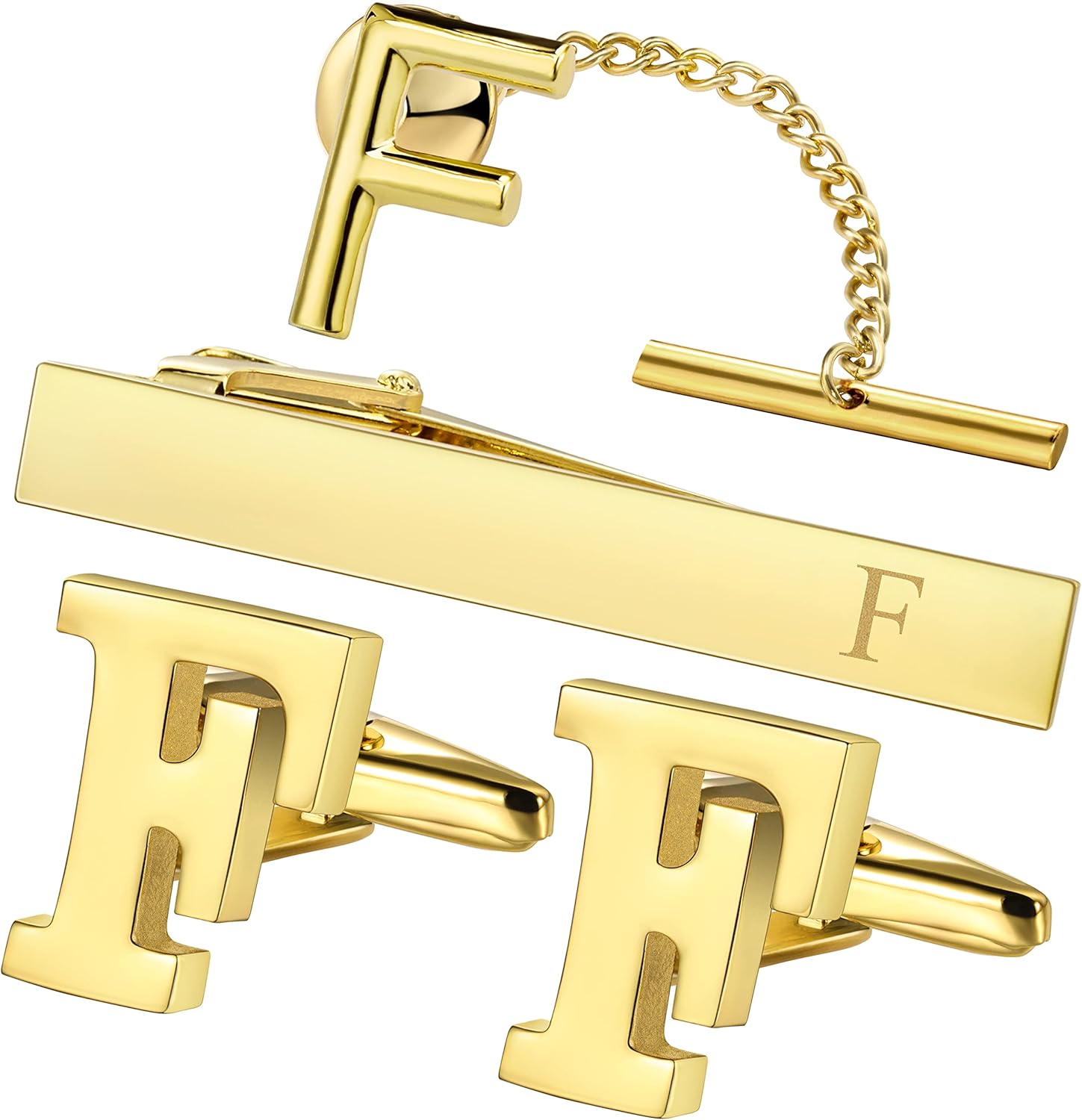 HAWSON Cufflinks for Men, Tie Clips for Boys, Tie Pin for Men, Gold Color Jewelry Set, Boxed Gift Packing, Initial Letter Jewelry for Him