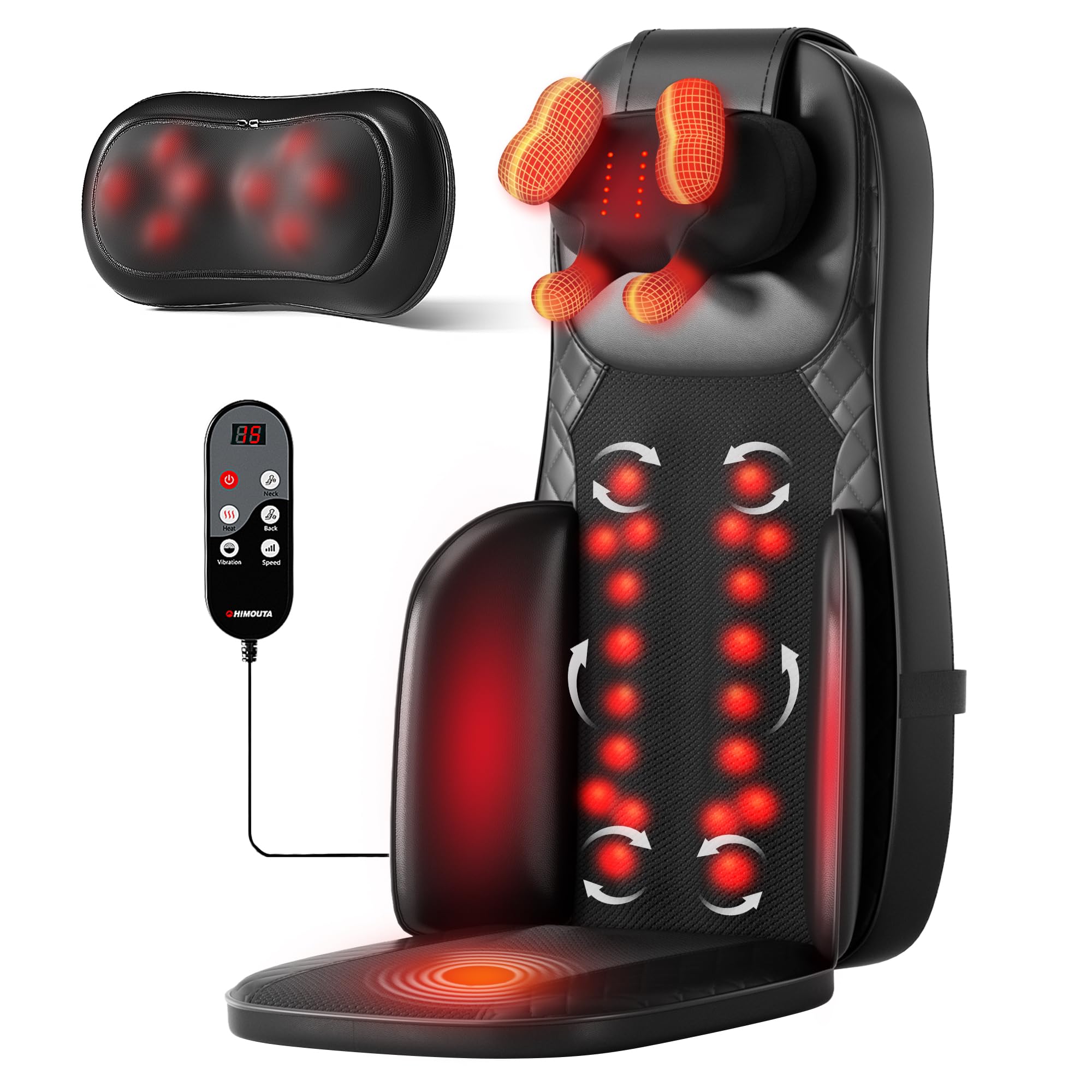 Shiatsu Massagesitzauflage, Massagegerät Rücken mit Knetmassage, Rollmassage & Vibration, Rückenmassagegerät mit Wärme mit 2 Nacken-Wechselköpfen für Nacken Schulter Rücken und Oberschenkel