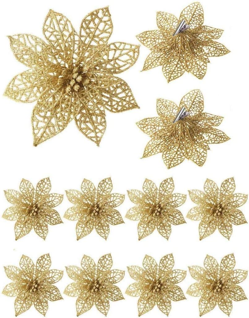 SWL 12Pc Gold Glitter Christmas Poinsettia Flowers Clip On Xmas Tree Wreath Decor Ornaments