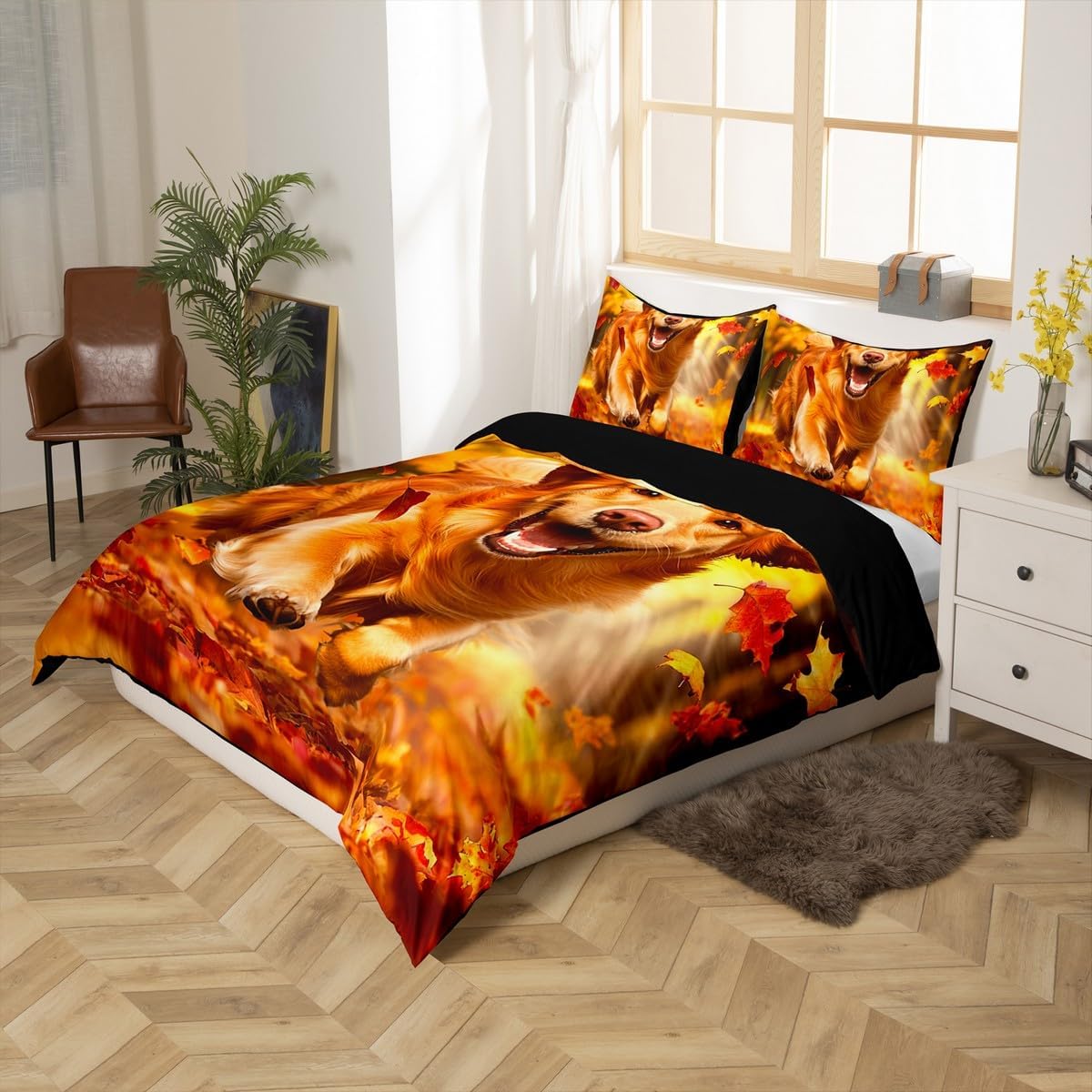 Erosebridal Puppy Dog Comforter Cover Twin Golden Retriever Animal Print Bedding Set Cute Little Dog Duvet Cover for Kids Boys Girls Dog Lovers Bedroom,Fall Maple Leaf Bedspread Cover 1 Pillow Case