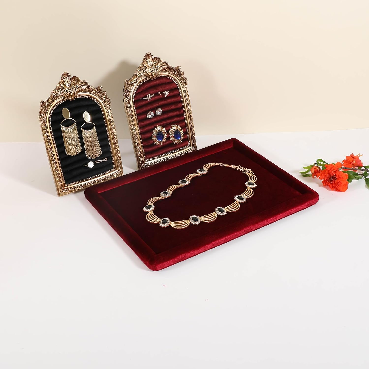 Rectangle Jewelry storage organizer plate, Velvet Jewerly display tray, Empty showcase tray for Necklace Bracelet Ring Earring【Red-Medium, 11.8 x 8.7 in 】