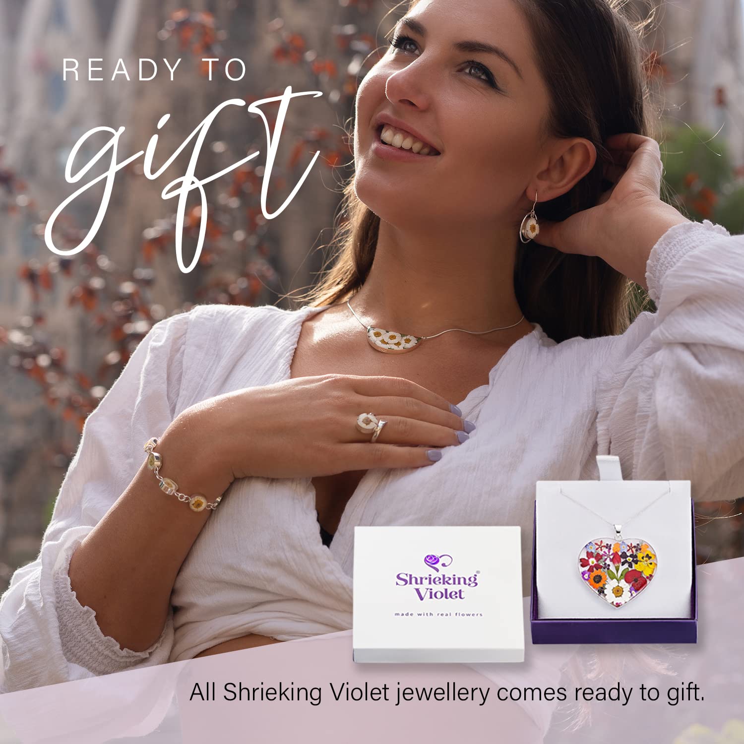 Shrieking Violet® - Collana con fiori veri e propri in argento Sterling con pendente a goccia con fiori viola