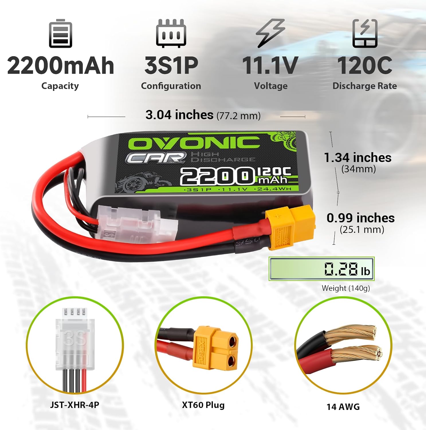 OVONIC 3S Short LiPo Battery 11.1V 2200mAh 120C with XT60 Plug for RC Car RC Truck Airplane Helicopter Boat Car Racing RC Hobby [2 Packs][77" D x 34" W x 26" H mm](with Lipo Voltage Checker)