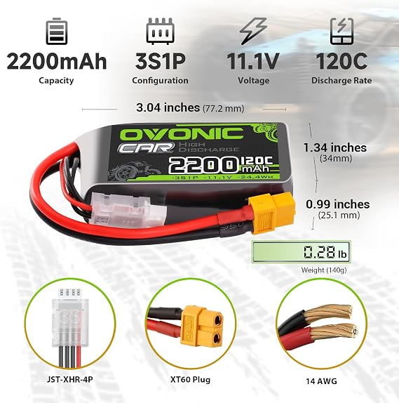 OVONIC 3S Short LiPo Battery 11.1V 2200mAh 120C with XT60 Plug for RC Car RC Truck Airplane Helicopter Boat Car Racing RC Hobby [2 Packs][77 D x 34 W x 26 H mm](with Lipo Voltage Checker)