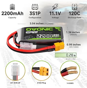 OVONIC 3S Short LiPo Battery 11.1V 2200mAh 120C with XT60 Plug for RC Car RC Truck Airplane Helicopter Boat Car Racing RC Hobby [2 Packs][77 D x 34 W x 26 H mm](with Lipo Voltage Checker)