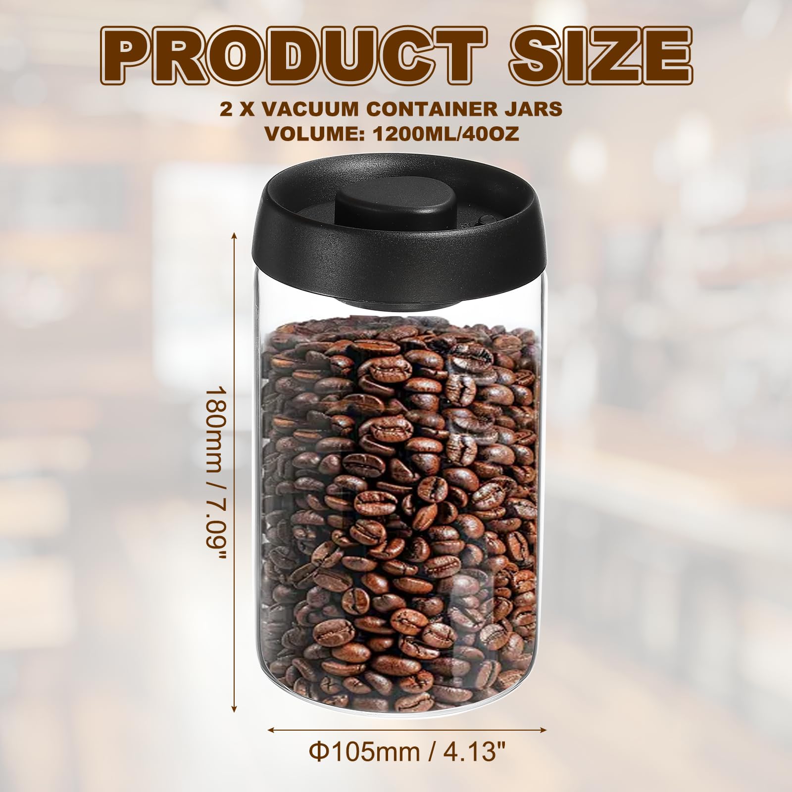 sourcing map Kaffee-Vakuumbehälter, 1200 ml, Glas-Kaffeebohnen-Aufbewahrungsbehälter mit Deckel, für Gewürze, Kekse, losen Tee, Schwarz, 2 Stück