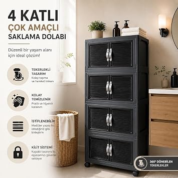 4 Katlı Çok Amaçlı Plastik Saklama Dolabı Tekerlekli Kapaklı Düzenleyici Dolap Siyah