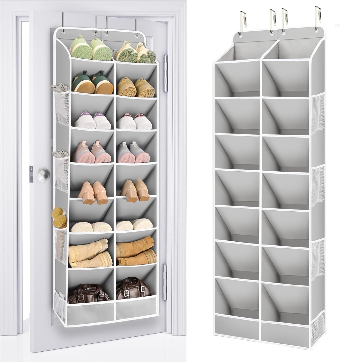 ULG Over The Door Shoe Organizer with 16 Large Pockets, Hanging Shoe Rack for Closet Door, Space Saving Shoe Storage for Boots, Heels & Sneakers,Grey