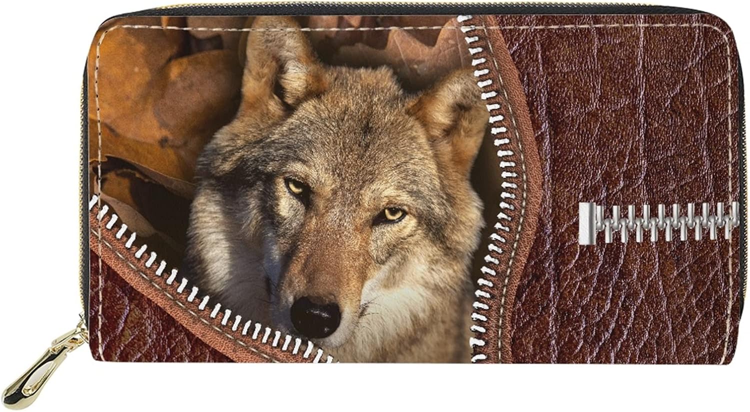 Dolyues 3D Animal Angry Wolf Print Women Long Pu Leather Wallet with Zippered and Coin Pocket,Ladies Purse Phone Bag