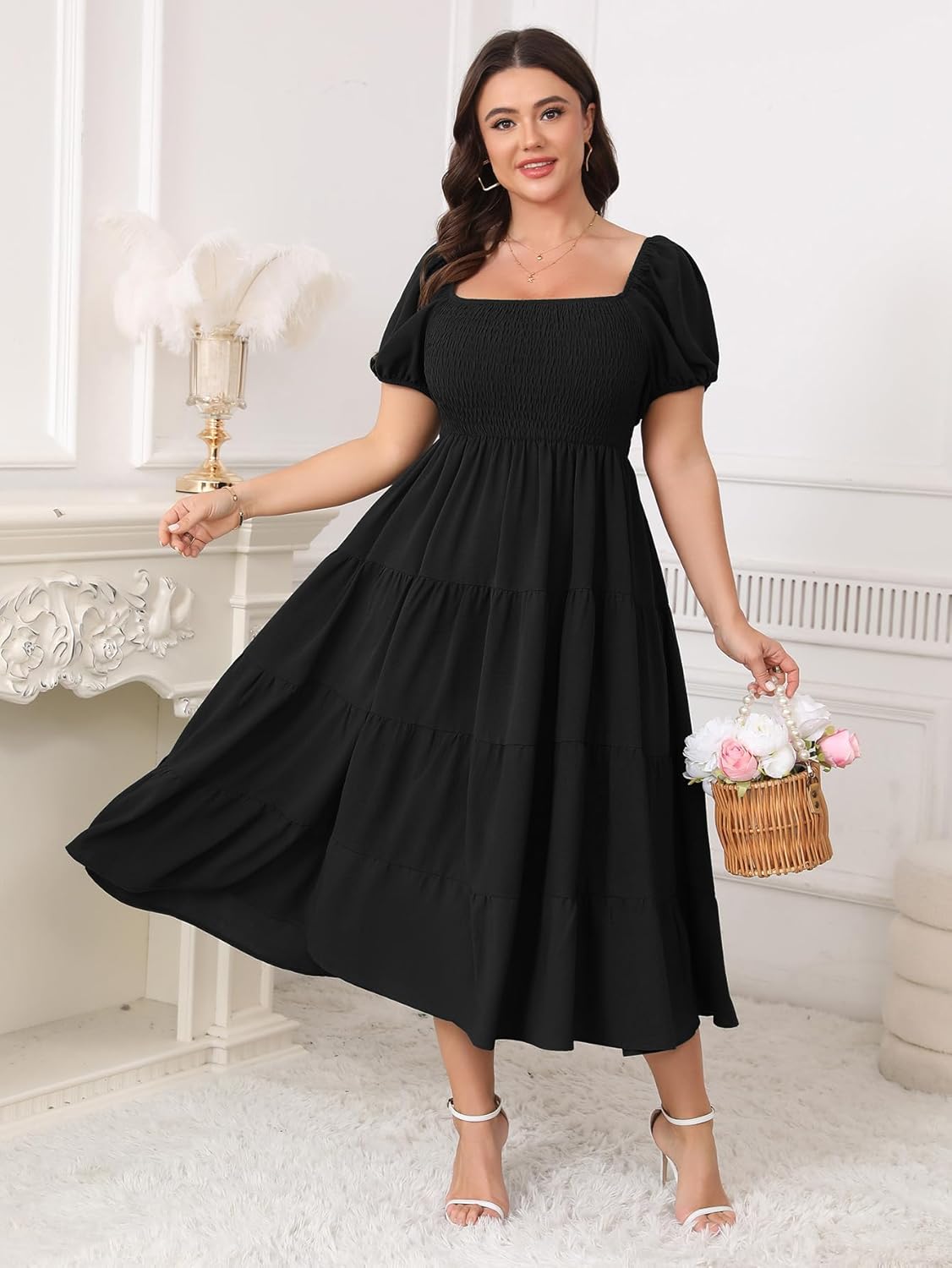 Womens Plus Size Casual Dress Short Puff Sleeve Square Neck Smocked Tiered Summer A Line Flowy Long Maxi Dresses - Image 2