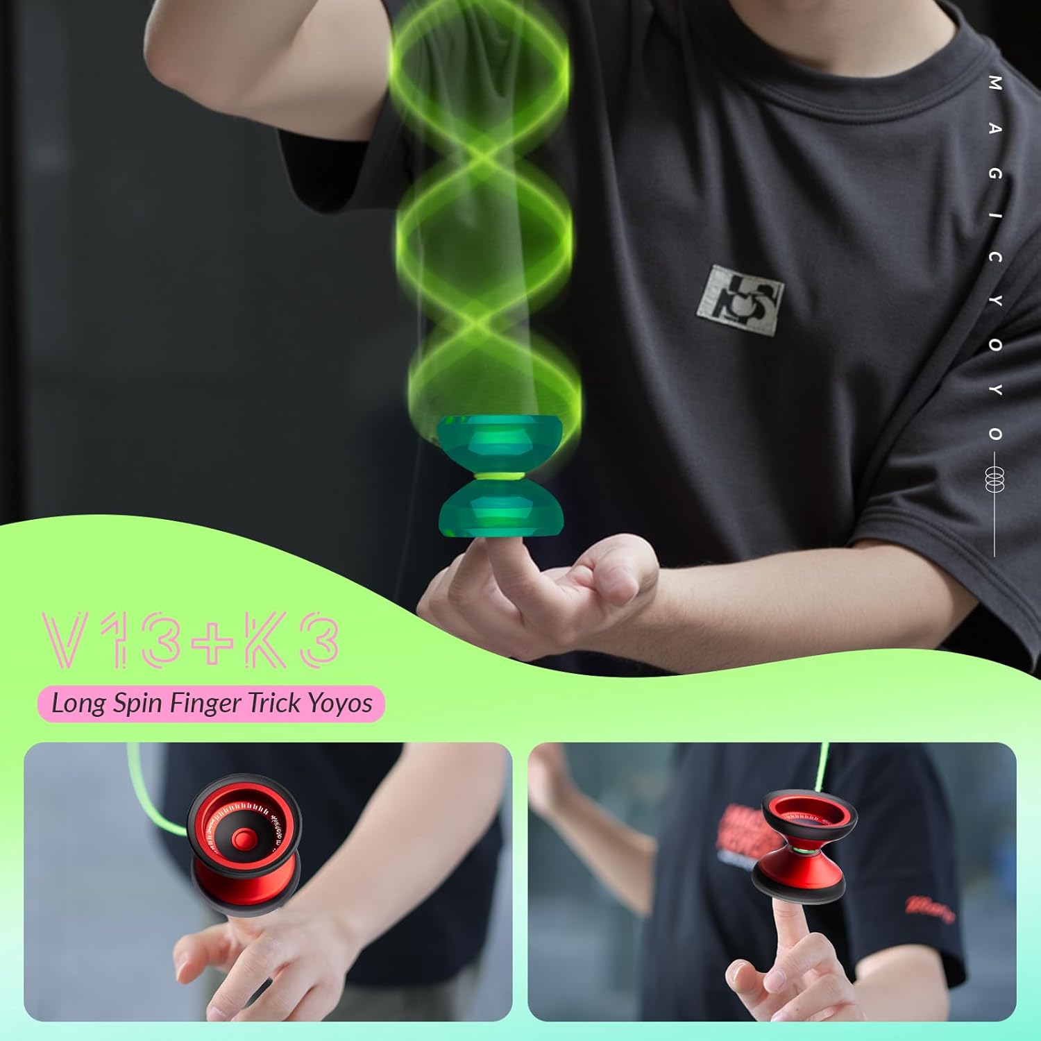 MAGICYOYO Professional Yoyos 2 Pack, Responsive Yoyo for Kids 8-12, Pro Fingerspin Trick with Dual Purpose Mode, Metal Yoyo V13+Plastic Yo yo K3 with Unresponsive Bearing+12 Yo-yo Strings+Removal Tool