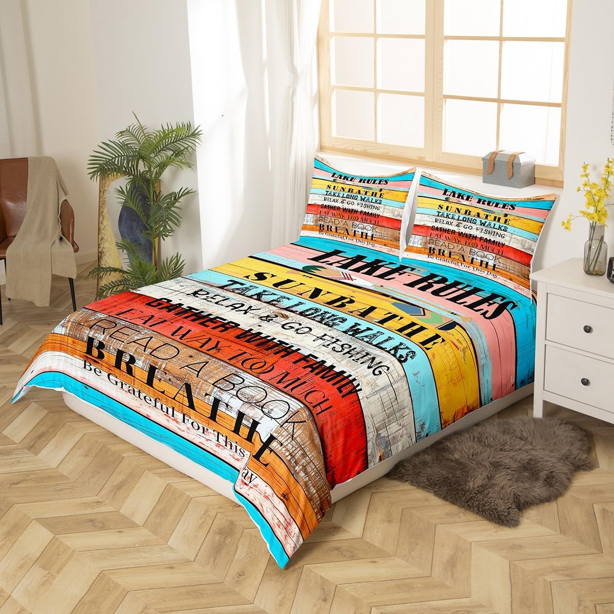 Erosebridal Lake Duvet Cover for Kids Girls Lady Women, Lake Rules Bedding Set Lake House Comforter Cover with 2 Pillowcases, Vintage Watercolor Wood Print Bedspread Cover Queen Size