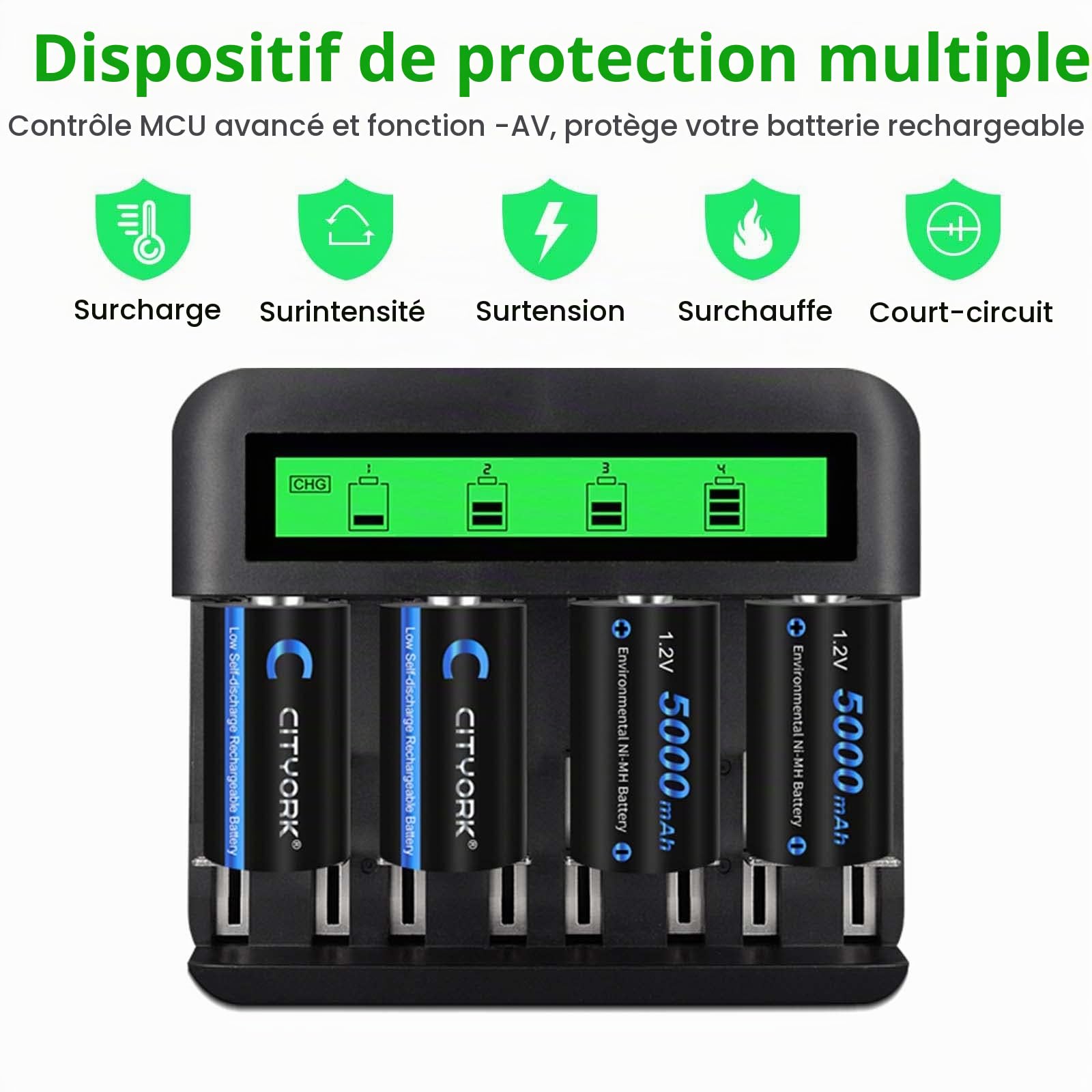CITYORK Batterie LCD Chargeur Set - pour Ni-MH/Ni-CD AA AAA C D - avec Batteries C 4000mAh (4 pièces)