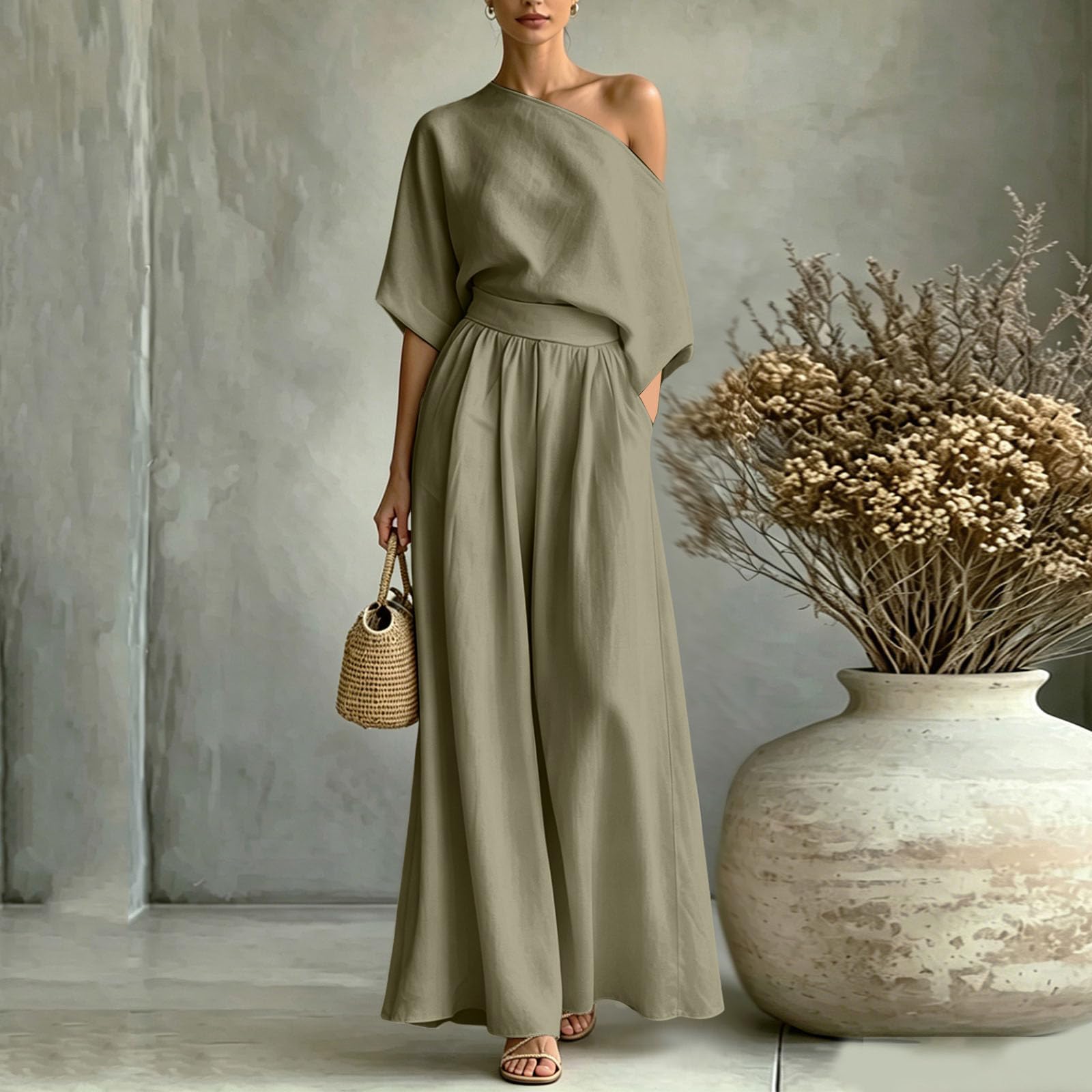 Lino Ropa Conjunto 2 Piezas Mujer Ropa de Lino Mujer Verano Conjuntos Top Cuello V y Pantalones Anchos Color Sólido Casual Elegante Conjunto Top Pantalones Sueltos con Bolsillo para Playa Vacaciones