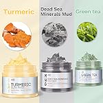 ANAI RUI 3 Pcs Spa Facial Mask Set- Dead Sea Minerals Mud Mask - Turmeric Clay Mask - Green Tea Facial Mud Mask, Blackheads & Oil Control Relaxing Spa Gift Set Self Care for Women Teens 2.5 oz Each