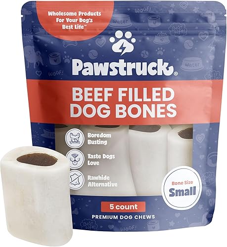 Pawstruck Huesos de perro pequeños rellenos de 3 pulgadas, sabor a carne de res, hecho en Estados Unidos, fémur relleno de larga duración para