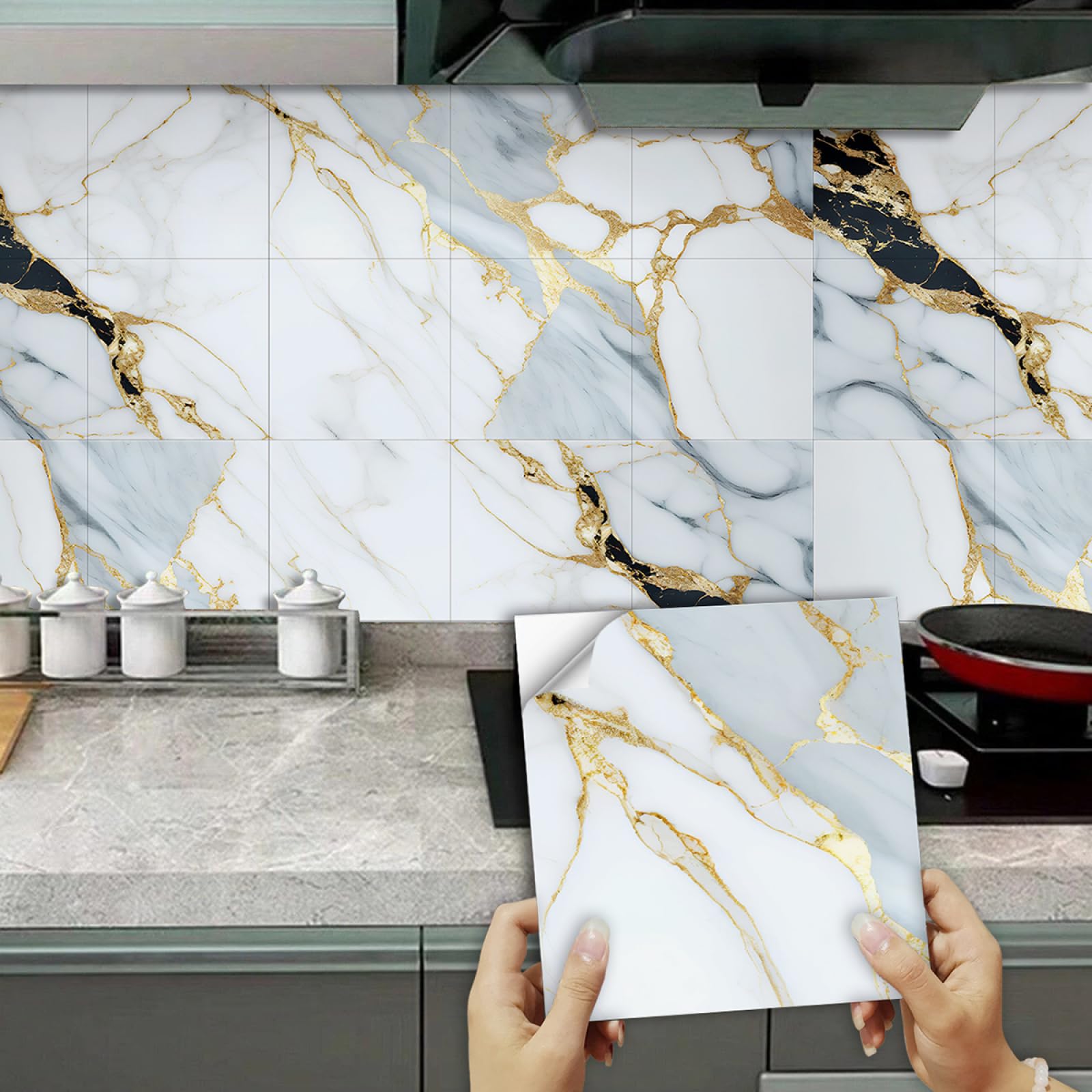 Tile Stickers Gold Blue Marble Peel and Stick Wallpaper Self Adhesive Wall Tiles Stick on Tiles Waterproof Tile Stickers for Kitchen Bathroom Decoration 10 Pcs/15x15cm