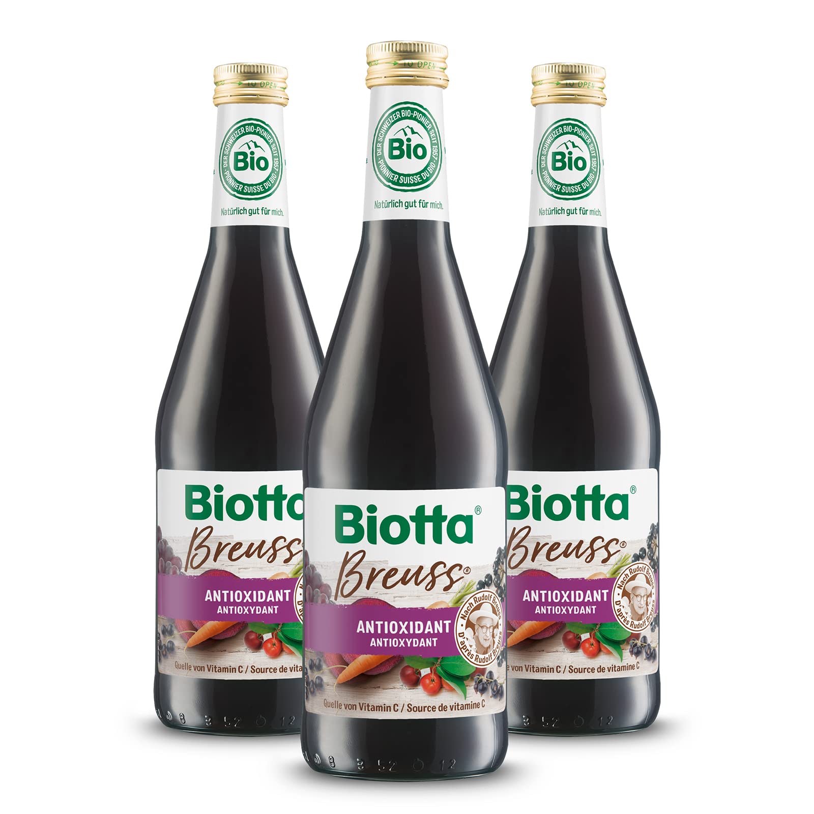 BIOTTA - Breuss - Soutient les défenses des cellules - Jus de fruits et légumes 100% Bio - Betterave lacto-fermenté, cassis, raisin - Haute teneur en vitamine C et antioxydants - 500ml - Lot de 3.