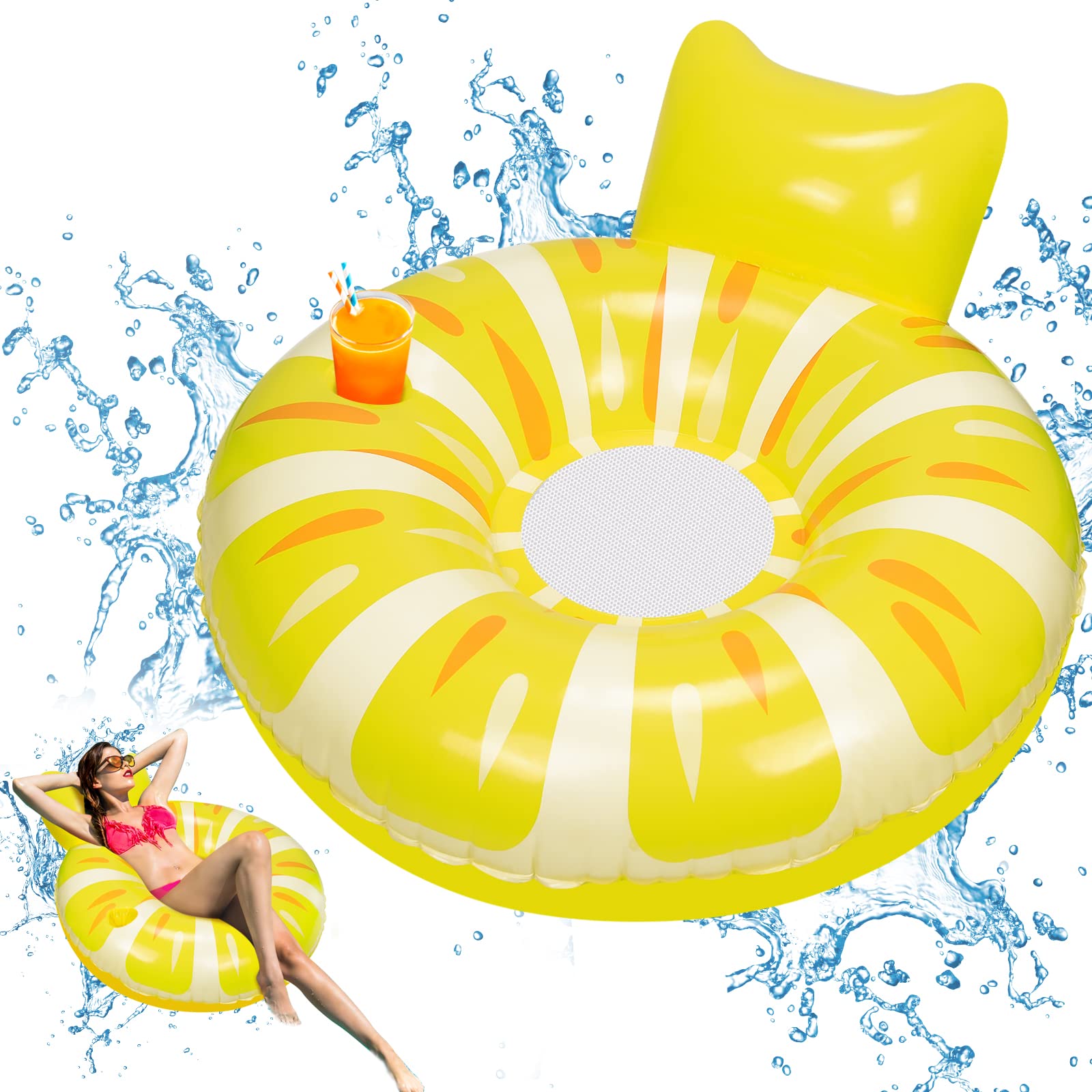 JONRRYIN Piscina Flotador Gigante, Anillo de Natación Inflable, Anillo de Natación de Piña Grande con Respaldo de Piña y Posavasos, Colchoneta Hinchables para Piscina Adultos y Niños
