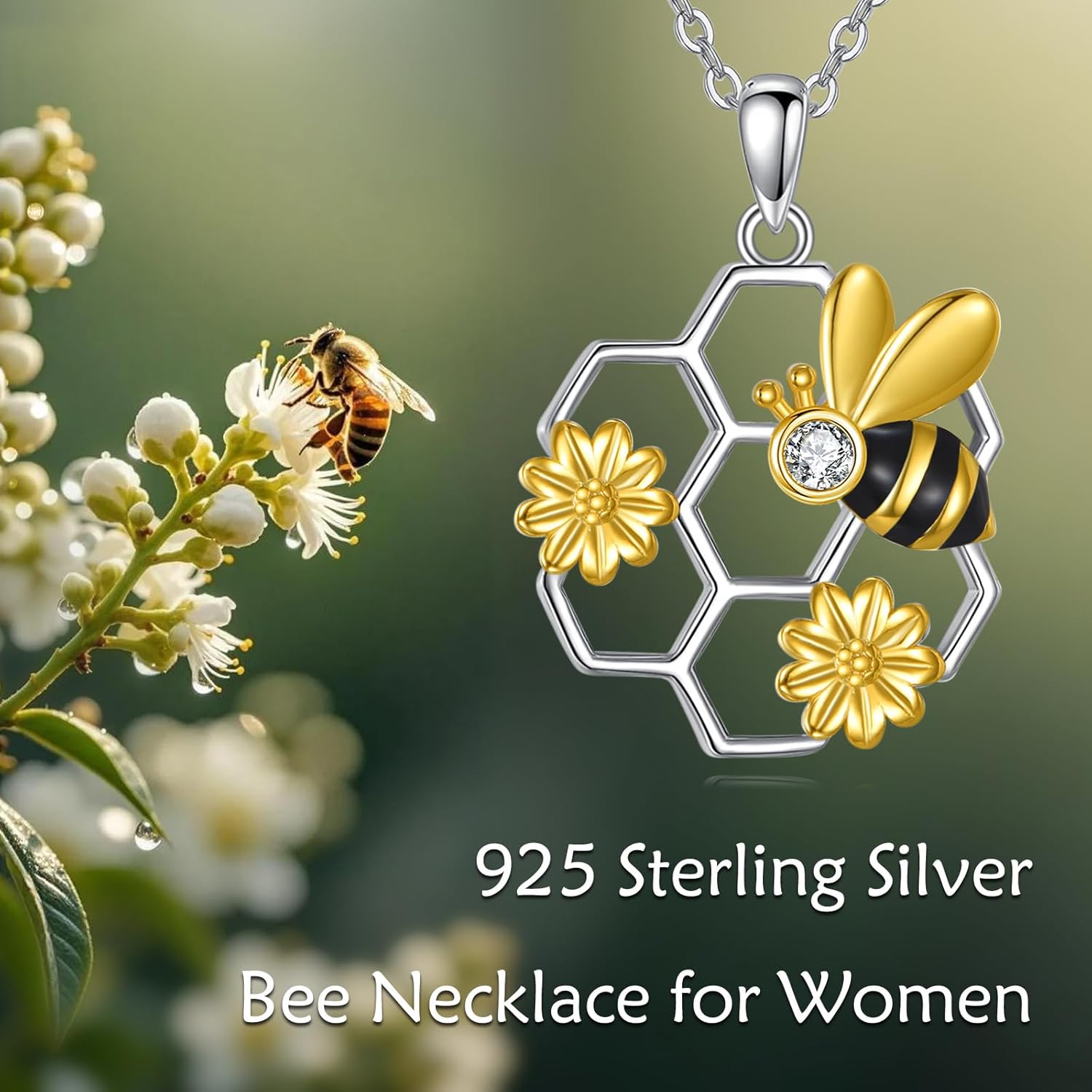 Bee Necklace 925 Sterling Silver Honeycomb Flower Cute Pendant Necklaces for Women Gifts for Her Women - Image 6