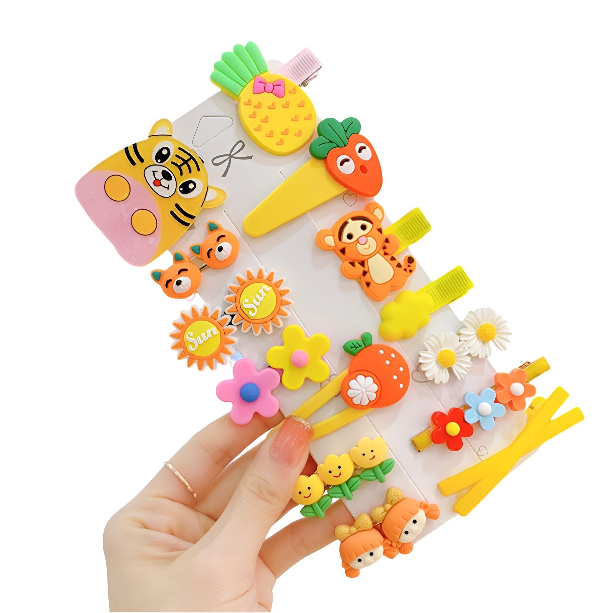 SYGA 14-Piece Baby Hair Clip Set for Girls Cute Cartoon & Floral Patterns Hair Pin Little Tiger, Flower, Sun, Carrot - Yellow-picture-10