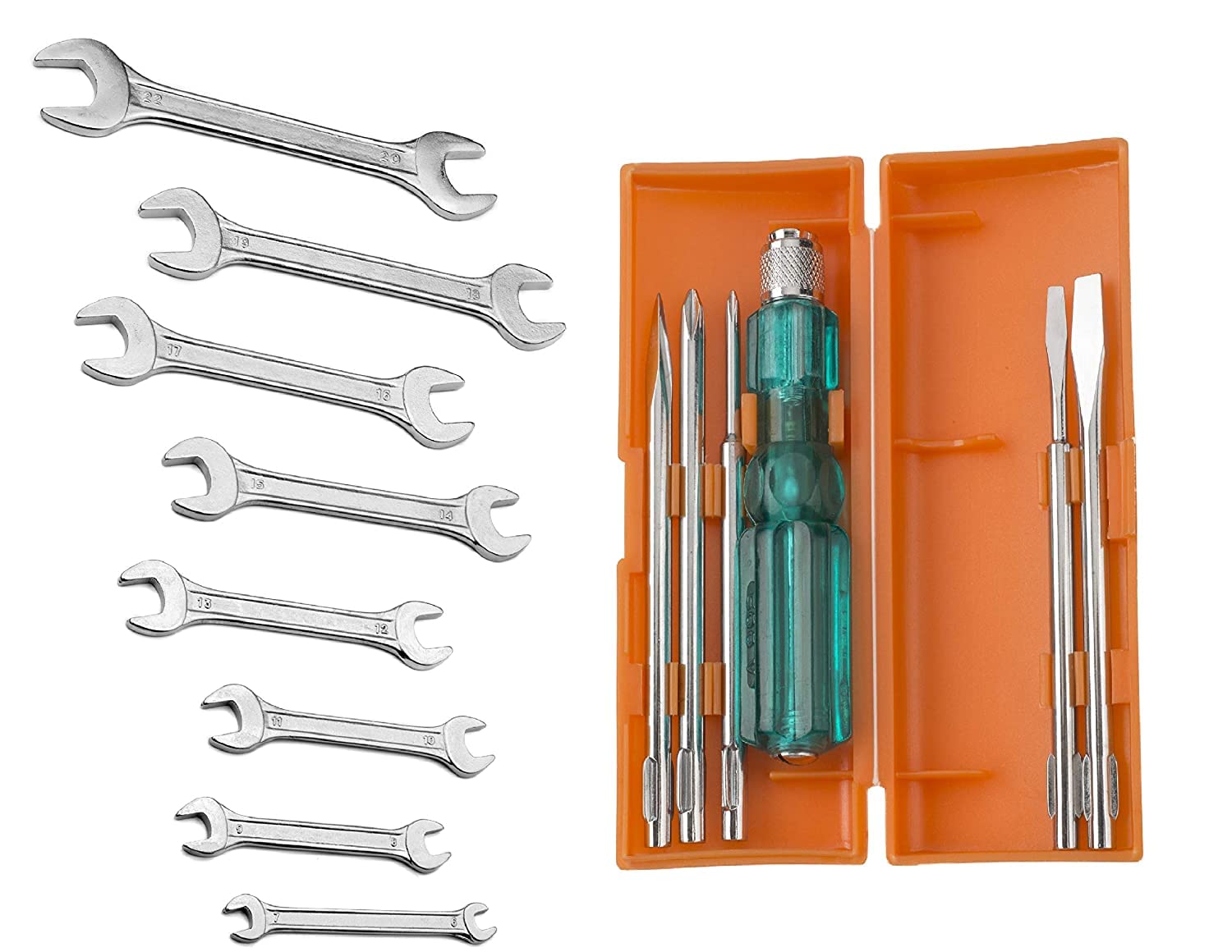 AK HAND TOOLS Universal Tool Kit for Home || Garage || Car || Bike || Contains 6 Pcs Screwdriver Set || 8 Pcs Double Ended Spanner Set