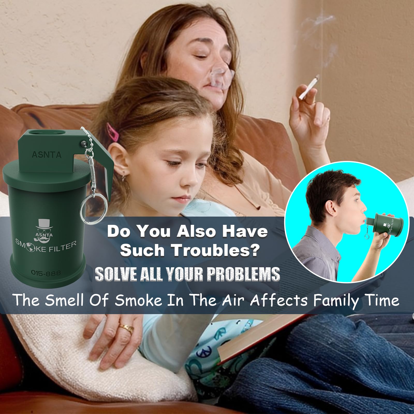 VNASNST Personal Smoke Air Filter - Replaceable HEPA Filter,Suitable for Capturing Smoke and Removing Odors in Cars, Offices and Bedrooms, Durable for 500 Times of Use, Easy Breathing (Green)