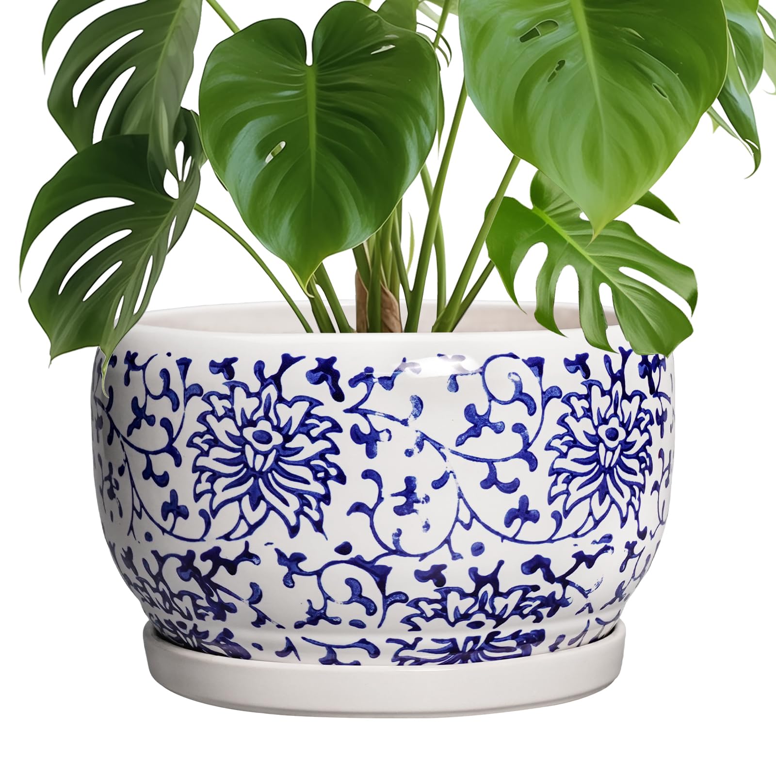 SQOWL 10 inch ceramic flower pot with blue and white pattern