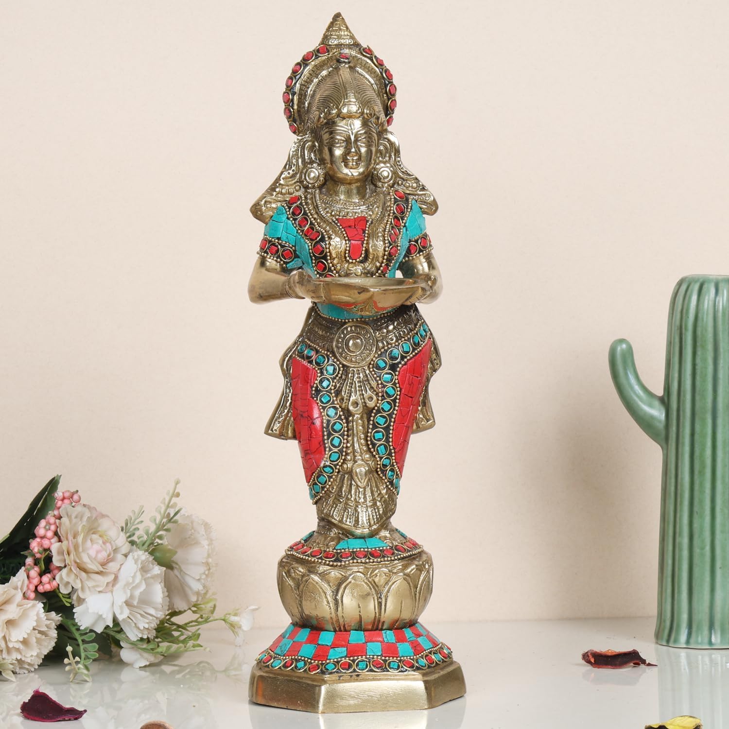Kartique Brass Standing Lady with Large Diya for Home Entrance Decor Puja Room Meenakshi Devi Holding Oil Lamp Deep Laxmi Deepak Deepam Diwali Gift Height 13 Inch Multicolor Color Size Medium