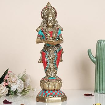Kartique Brass Standing Lady with Large Diya for Home Entrance Decor Puja Room Meenakshi Devi Holding Oil Lamp Deep Laxmi Deepak Deepam Diwali Gift Height 13 Inch Multicolor Color Size Medium