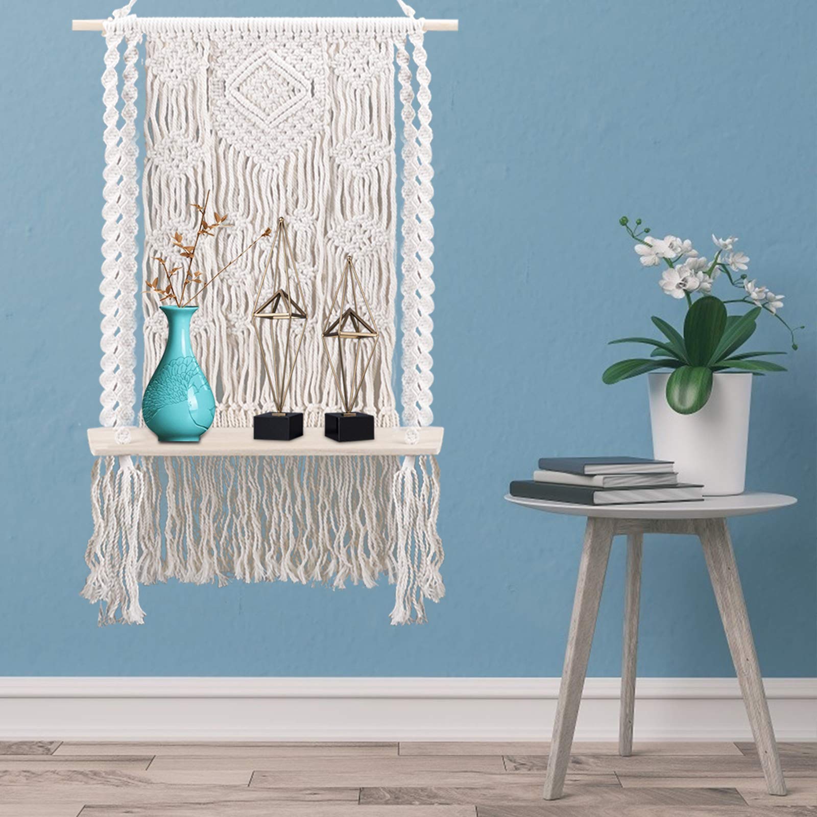 Redsa Makramee Wandbehang Regal – 80x50x15 Cm, Baumwolle, Cremeweiß, Für Blumentöpfe & Deko