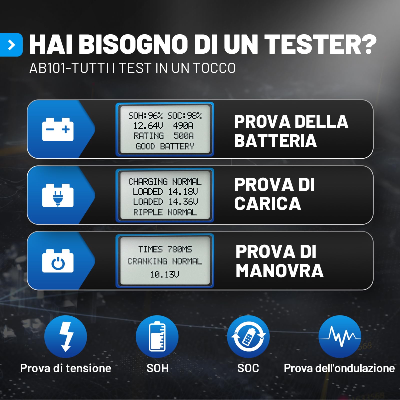 TOPDON ArtiBattery AB101 Tester Batteria 12V Analizzatore Digitale 100-2000 CCA Alternatore Strumento di Scansione Sistema di Avviamento e Ricarica per Auto SUV e Camion Leggeri
