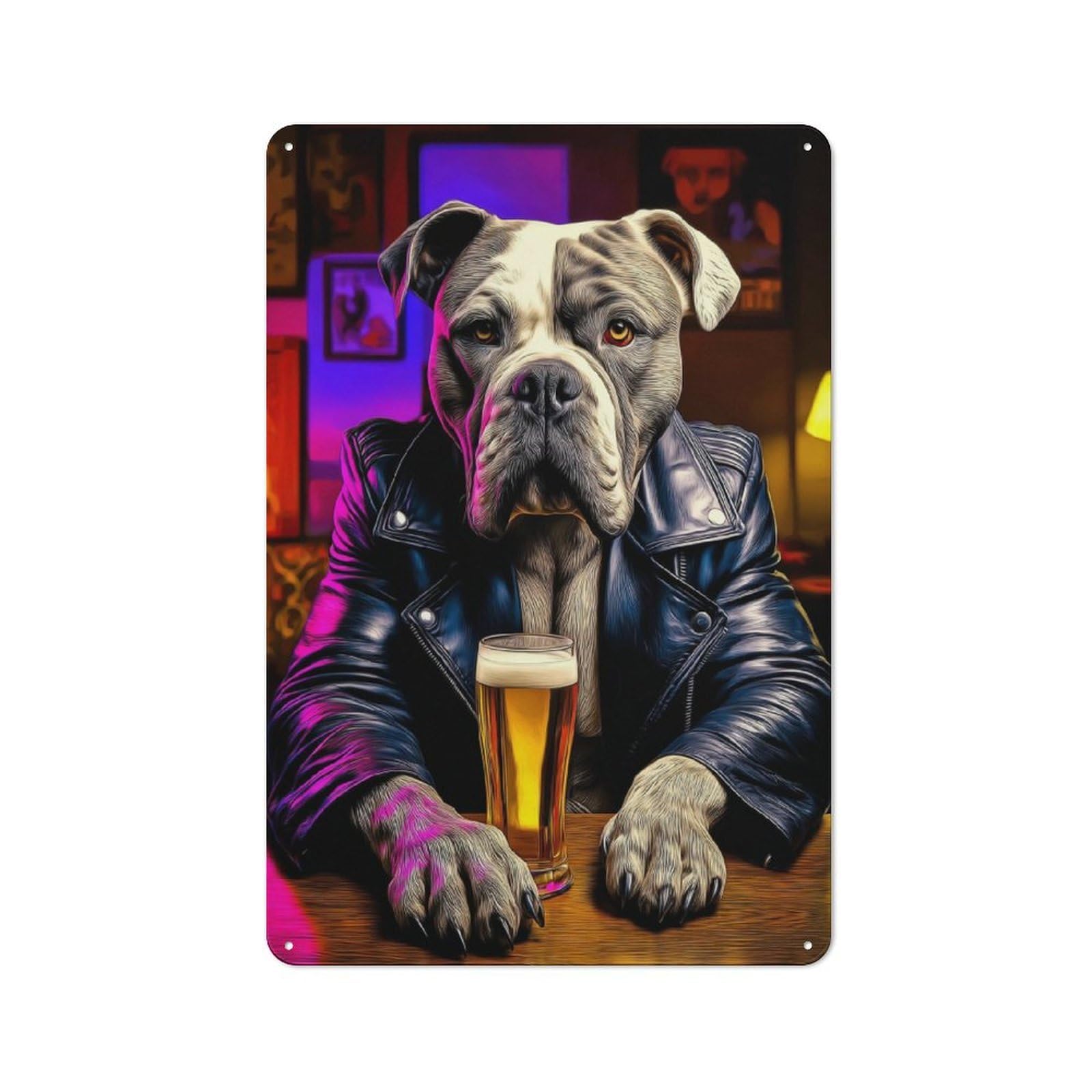 Junmoney Dog In Leather Jacket With Beer -2 Metal Wall Sign 30X20cm, Retro Decor For Hallway Wall, For Wall Display Collectors